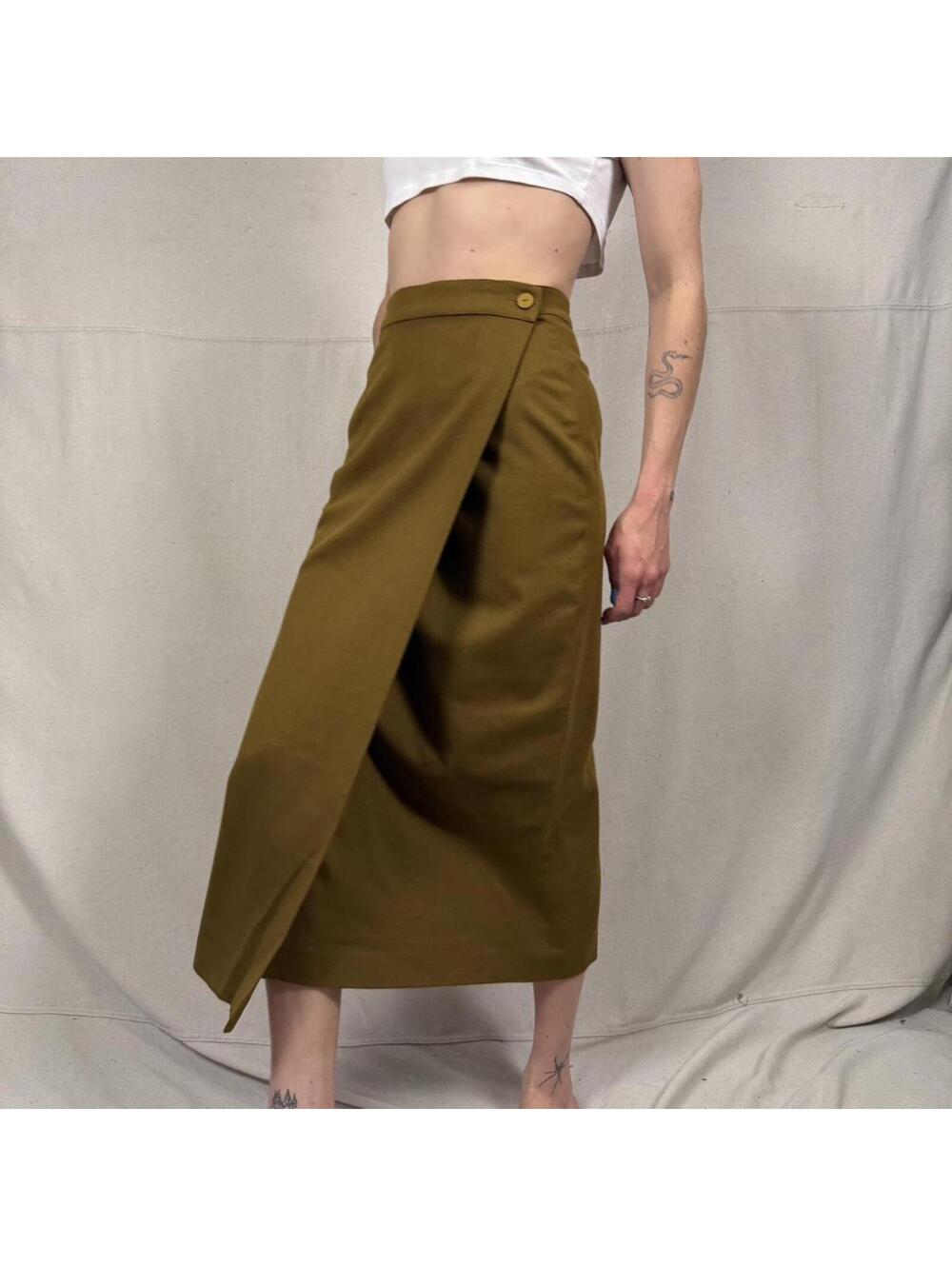 Vintage Italian Wrap Skirt by TIMMI – Mustard Olive Wool Blend – Made in Italy